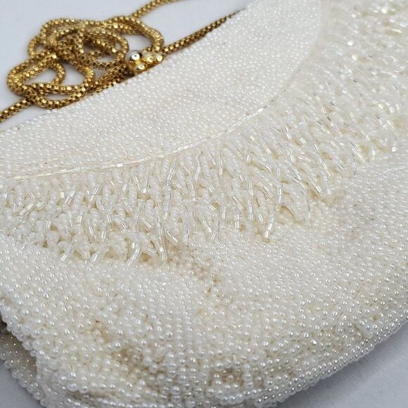Vintage Walborg Beaded Formal Evening Bag Purse Pearlescent Iridescent Cream - Picture 3 of 9